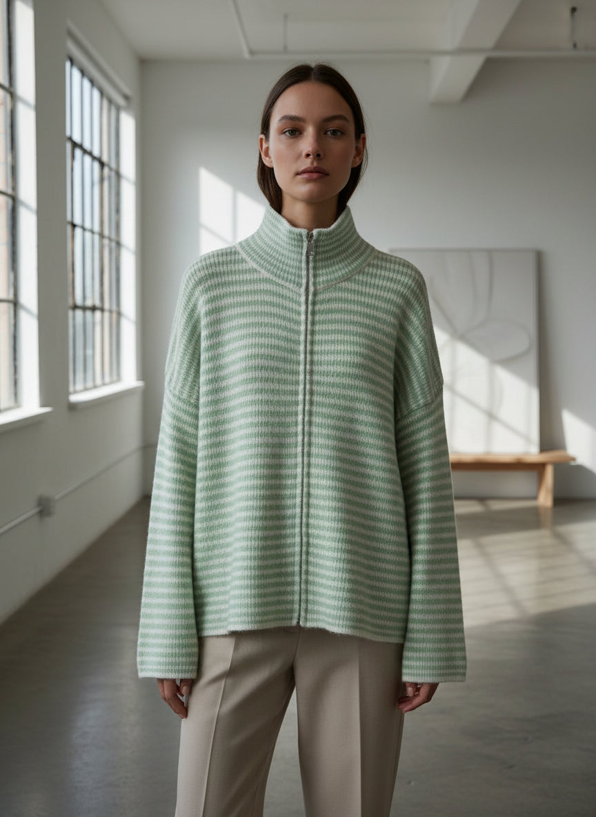 Mint gestreifte Zipper Strickjacke