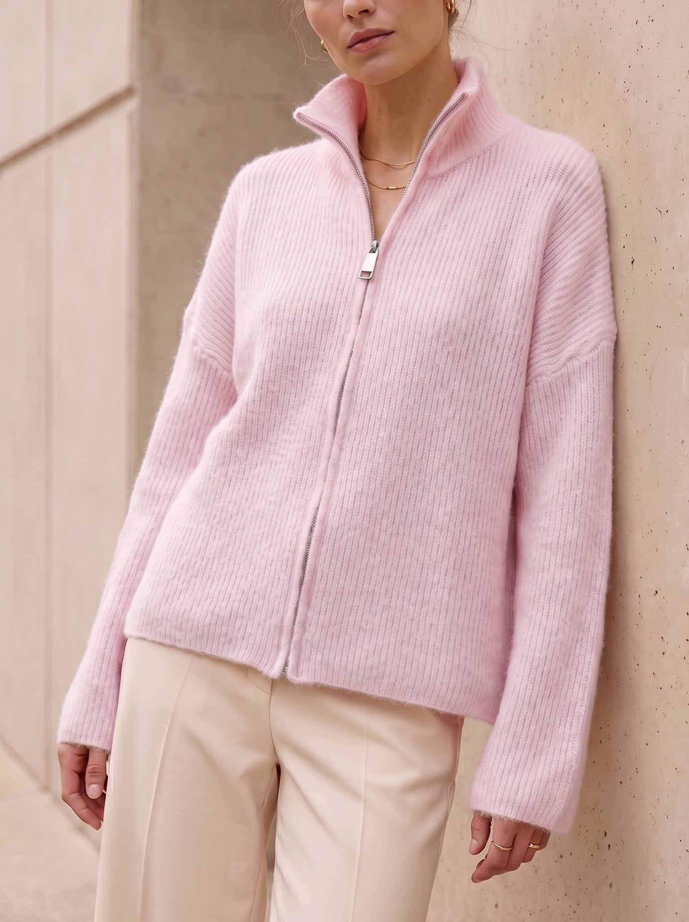 Hell Rosa Zipper Strickjacke