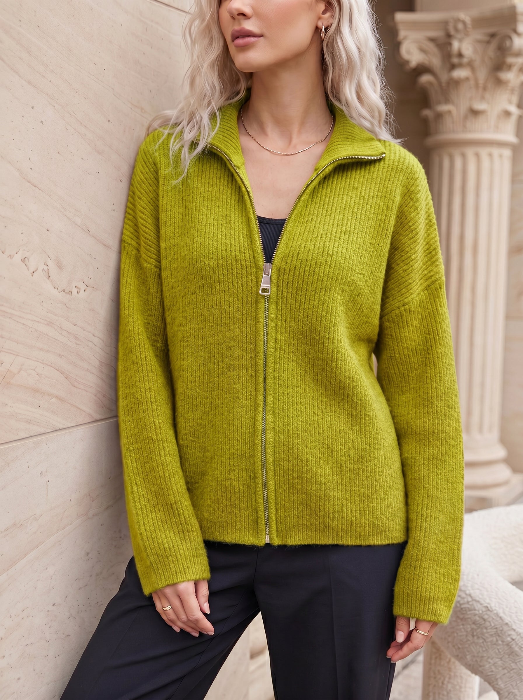 Matcha Grüne Zipper Strickjacke