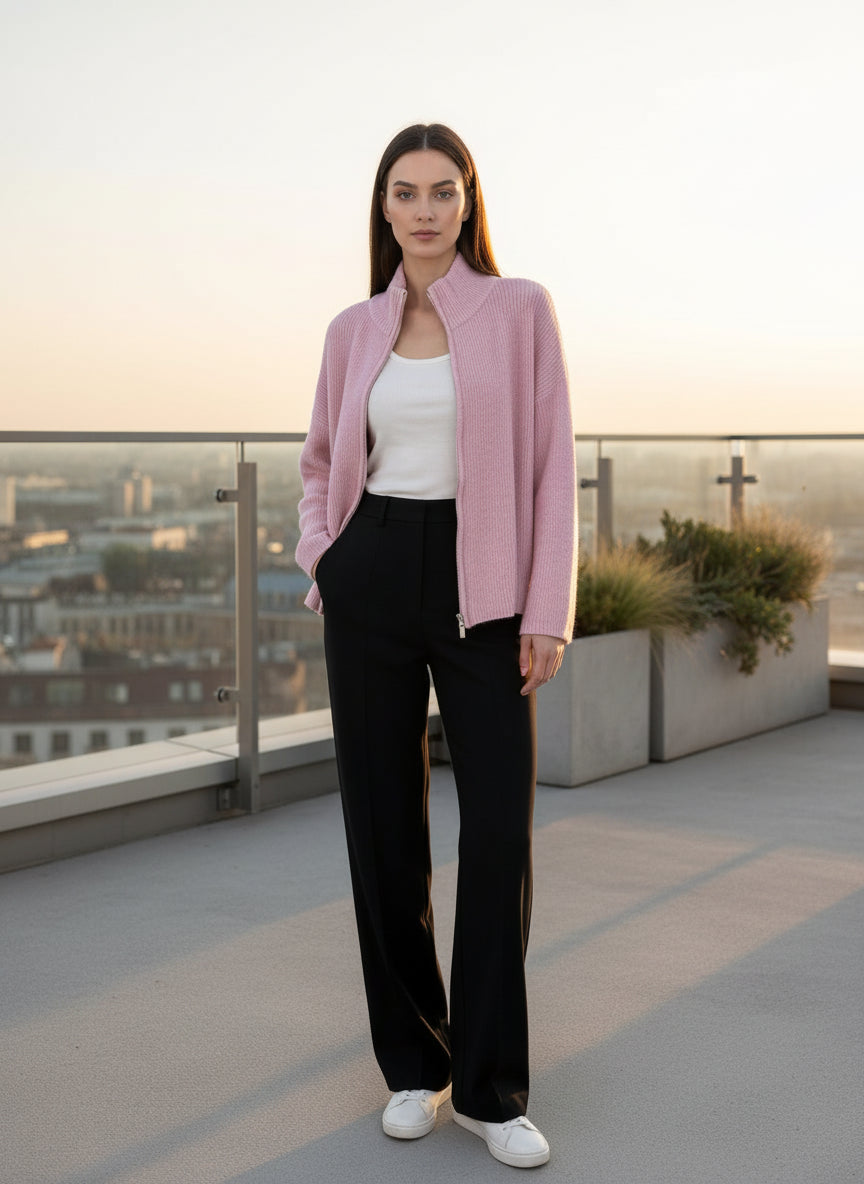 Mittleres Rosa Zipper Strickjacke