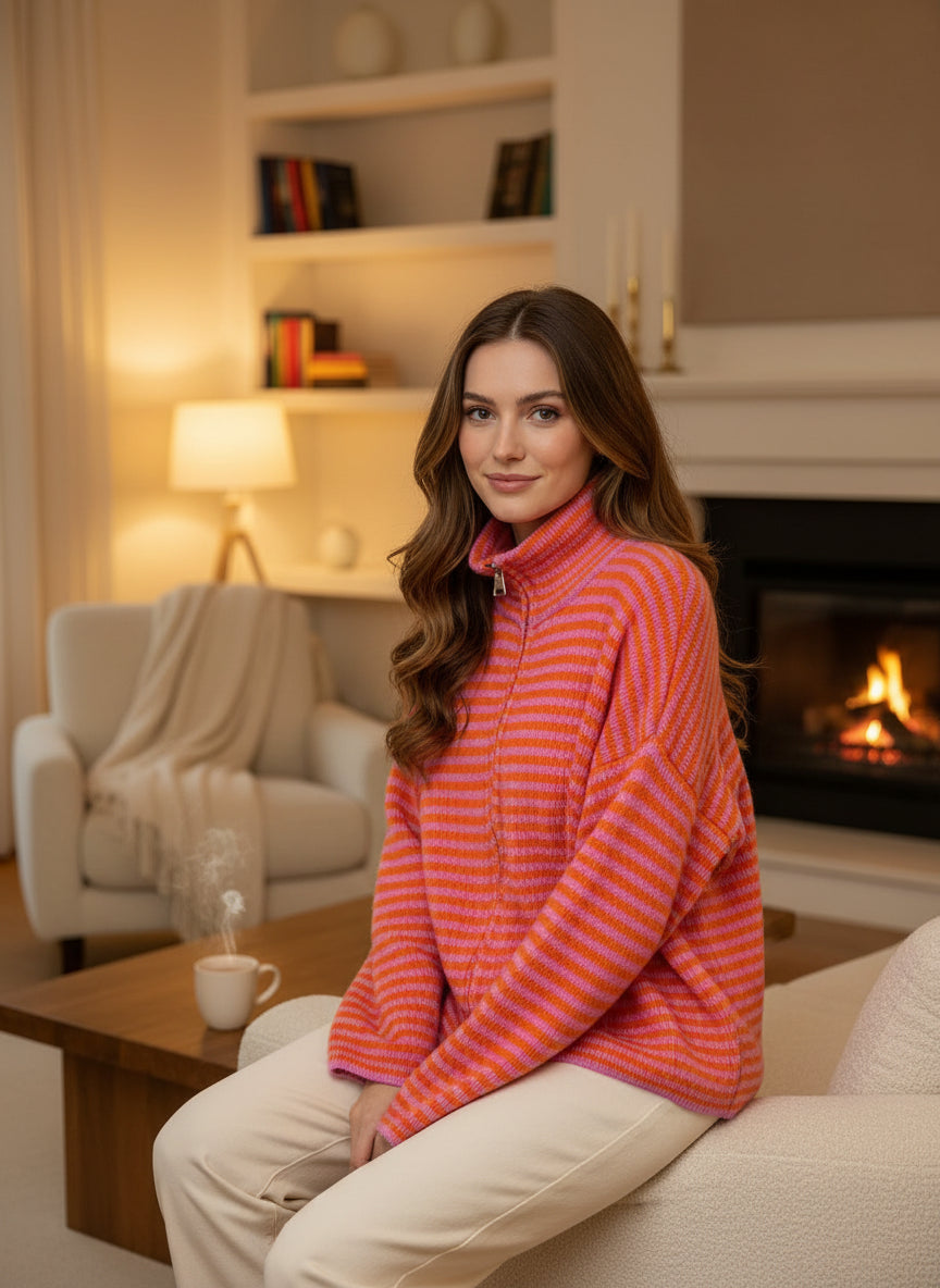 Pink Orange gestreifte Zipper Strickjacke