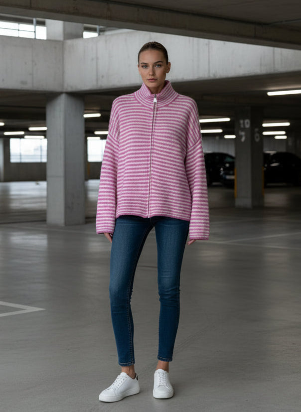 Pink gestreifte Zipper Strickjacke