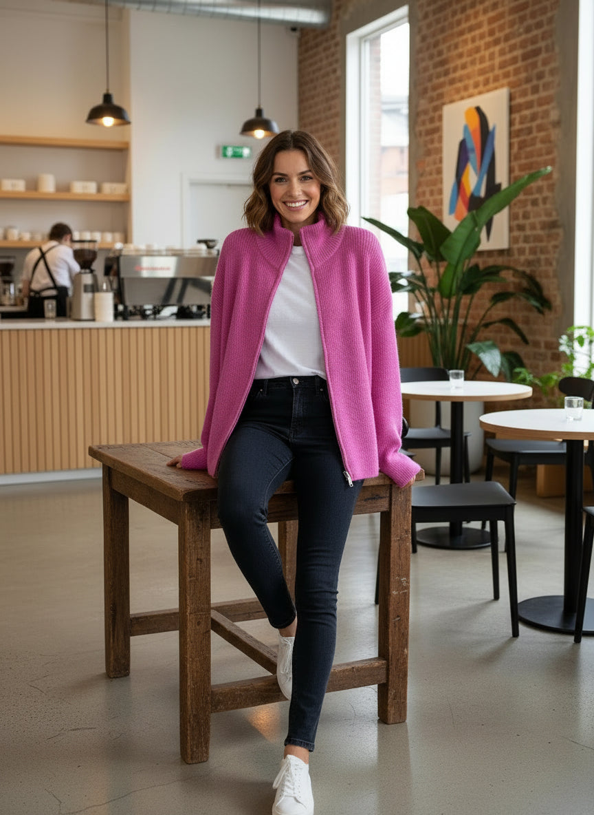 Pinke Zipper Strickjacke