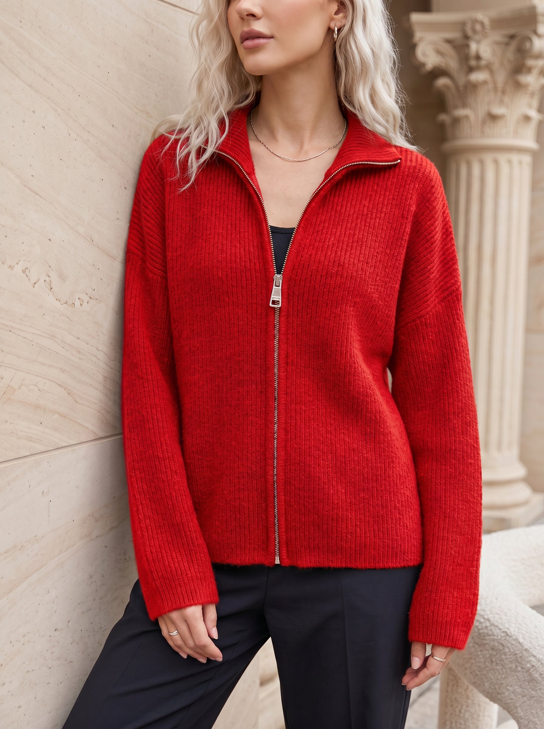 Rote Zipper Strickjacke