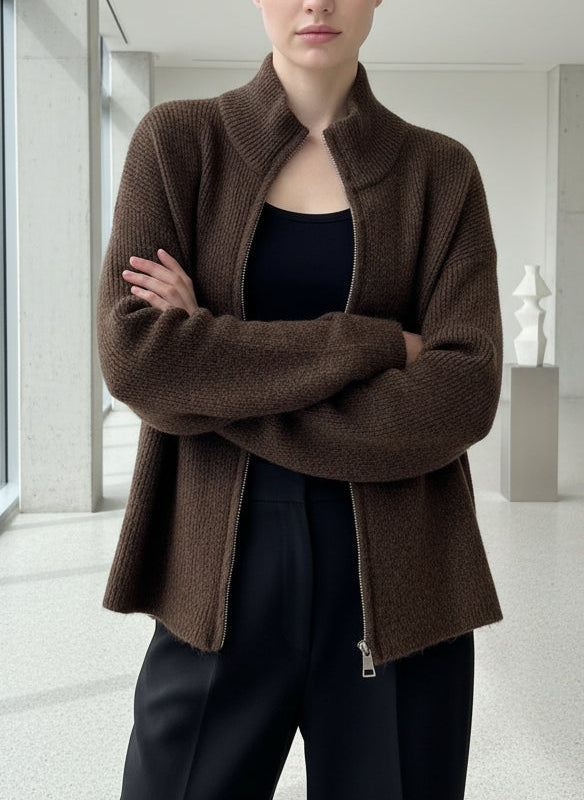 Schoko Braune Zipper Strickjacke