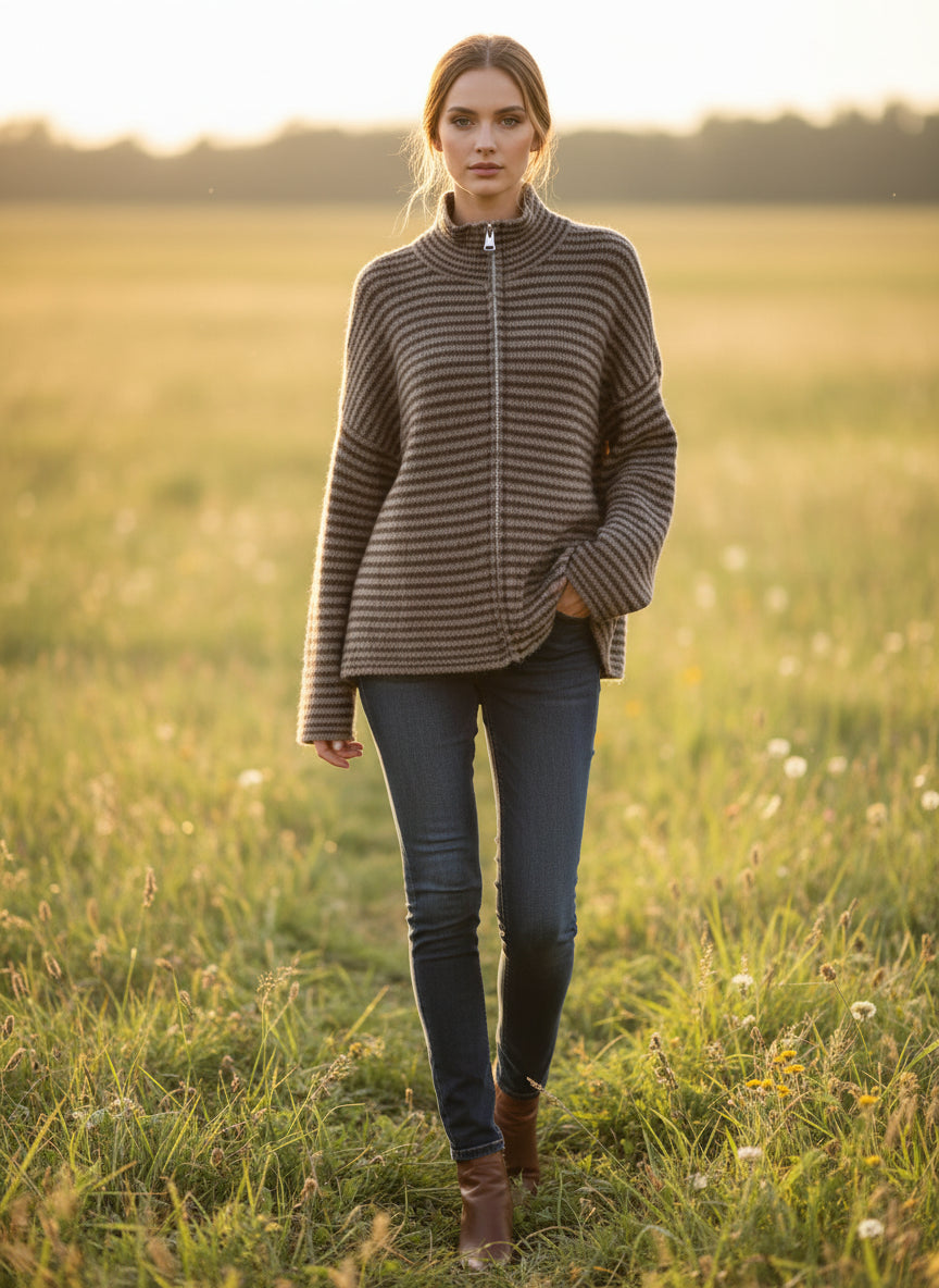 Schoko Braun gestreifte Zipper Strickjacke