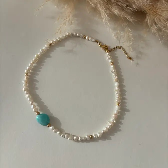 Amazonit & Süßwasserperlen Choker – 18k Vergoldeter Edelstahl – Handgefertigter Statement-Schmuck aus Italien