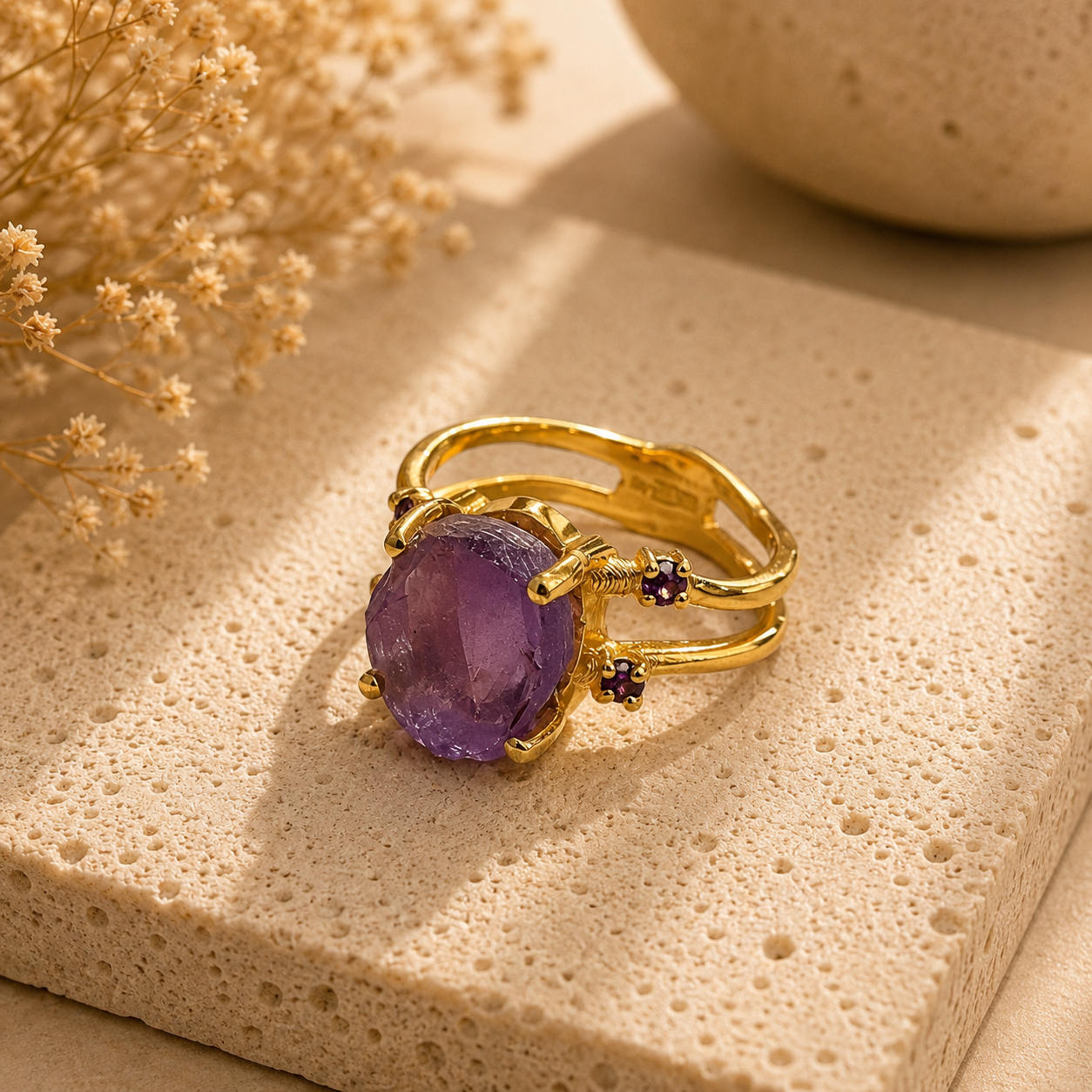 Amethyst Rohstein Ring mit kleinen Amethysten Gr. 54 – Vergoldet