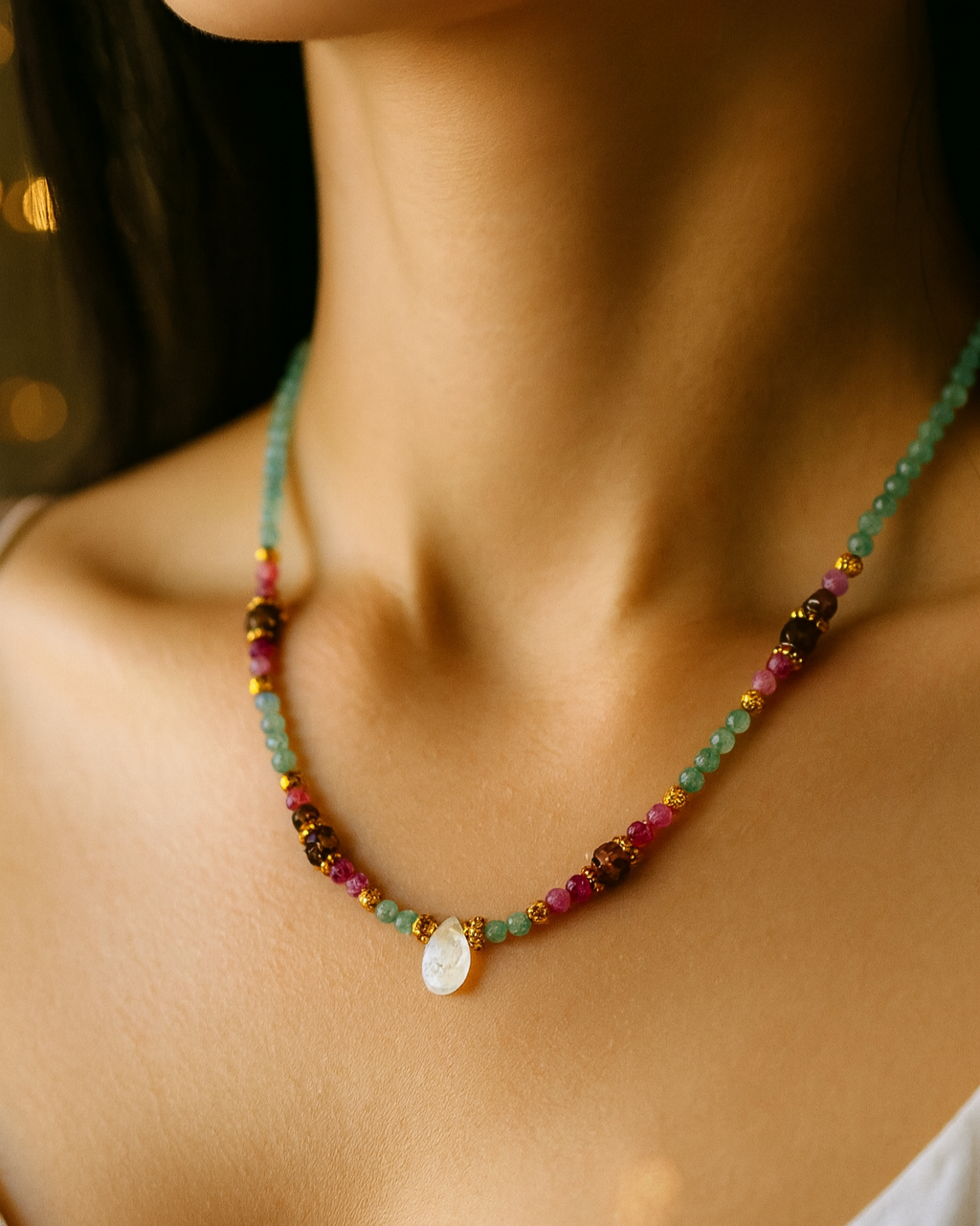 Tayana Kette – Andalusit, Aventurin, Rosa Turmalin & Mondstein