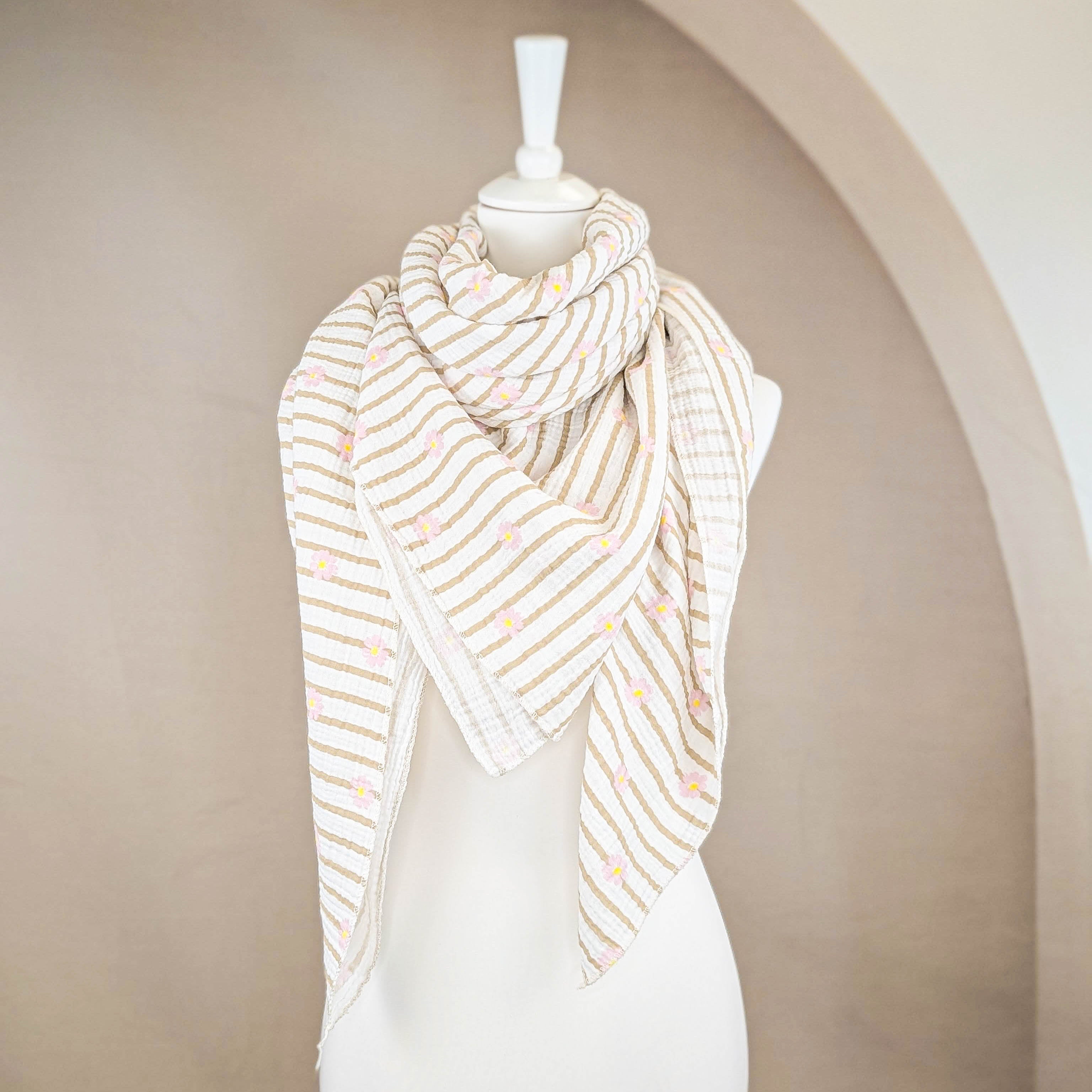 Musselin Tuch XXL - Blumen Beige Gestreift