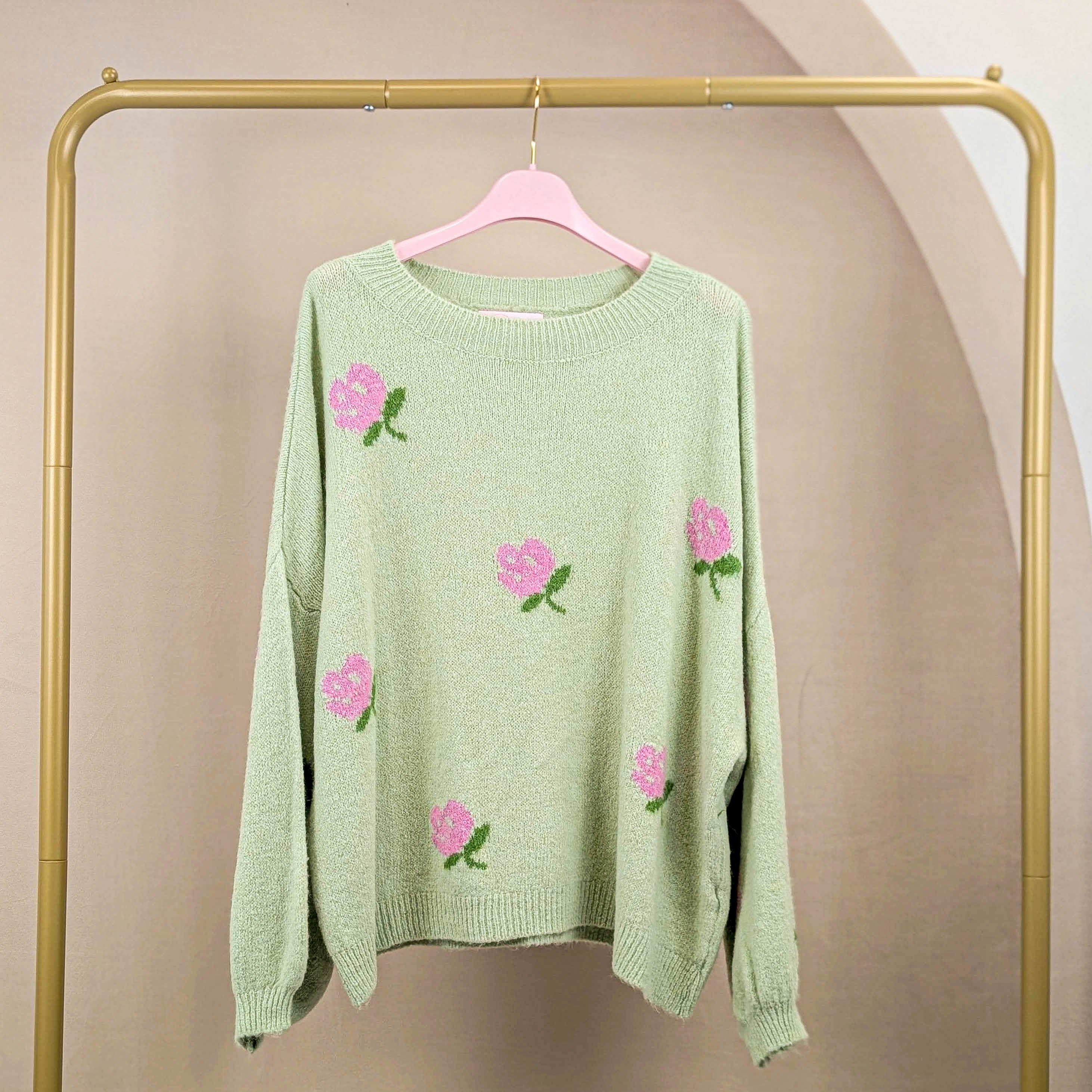 Strickpullover mit Rosenmotiv - Pistazie