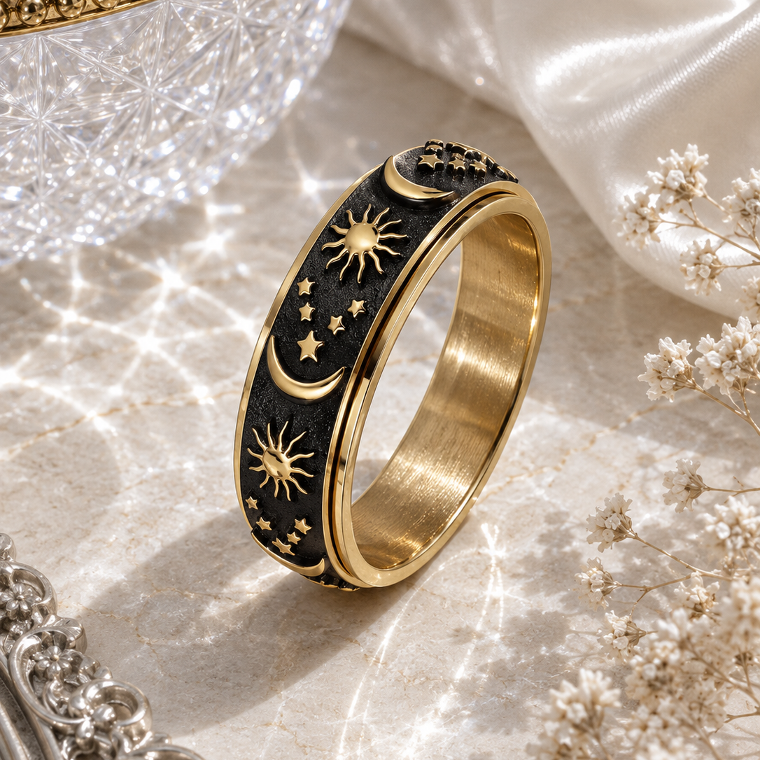Celestial Anxiety Ring – Drehbarer Edelstahl Ring im Mond & Sterne Design