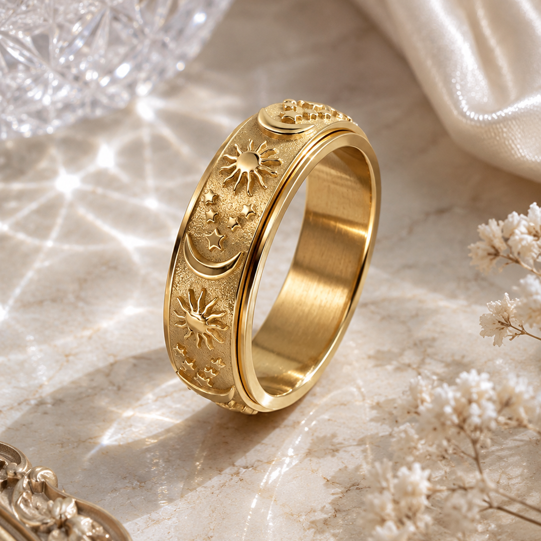 Celestial Anxiety Ring – Drehbarer Edelstahl Ring im Mond & Sterne Design