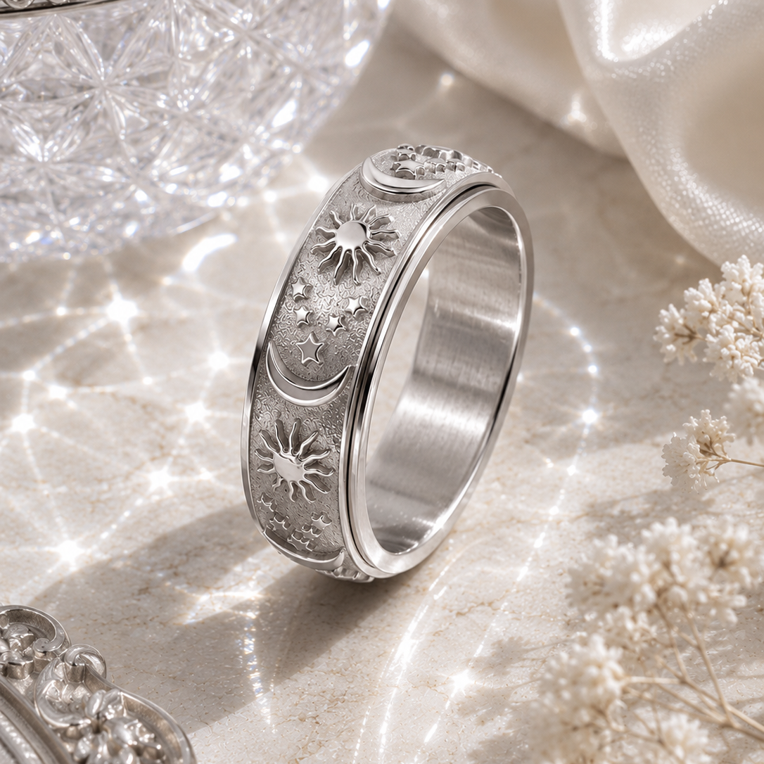 Celestial Anxiety Ring – Drehbarer Edelstahl Ring im Mond & Sterne Design