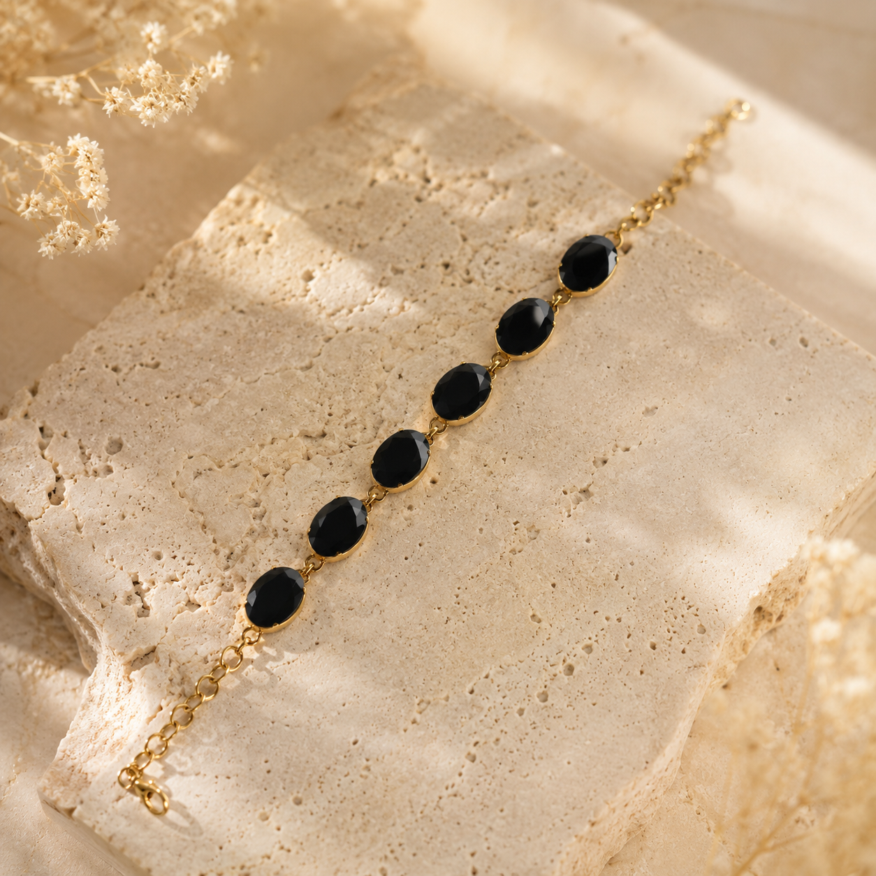 Vergoldetes Schwarzer Onyx Armband aus 925 Sterling Silber