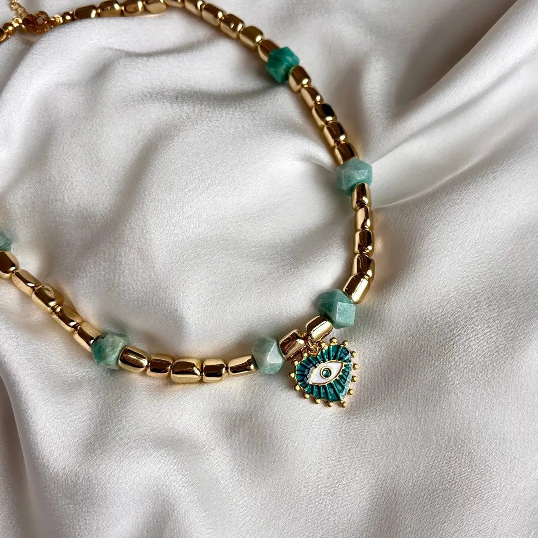 Auge des Meeres – Halskette mit Amazonit, Hämatit & Schutz-Anhänger – 18k Vergoldet