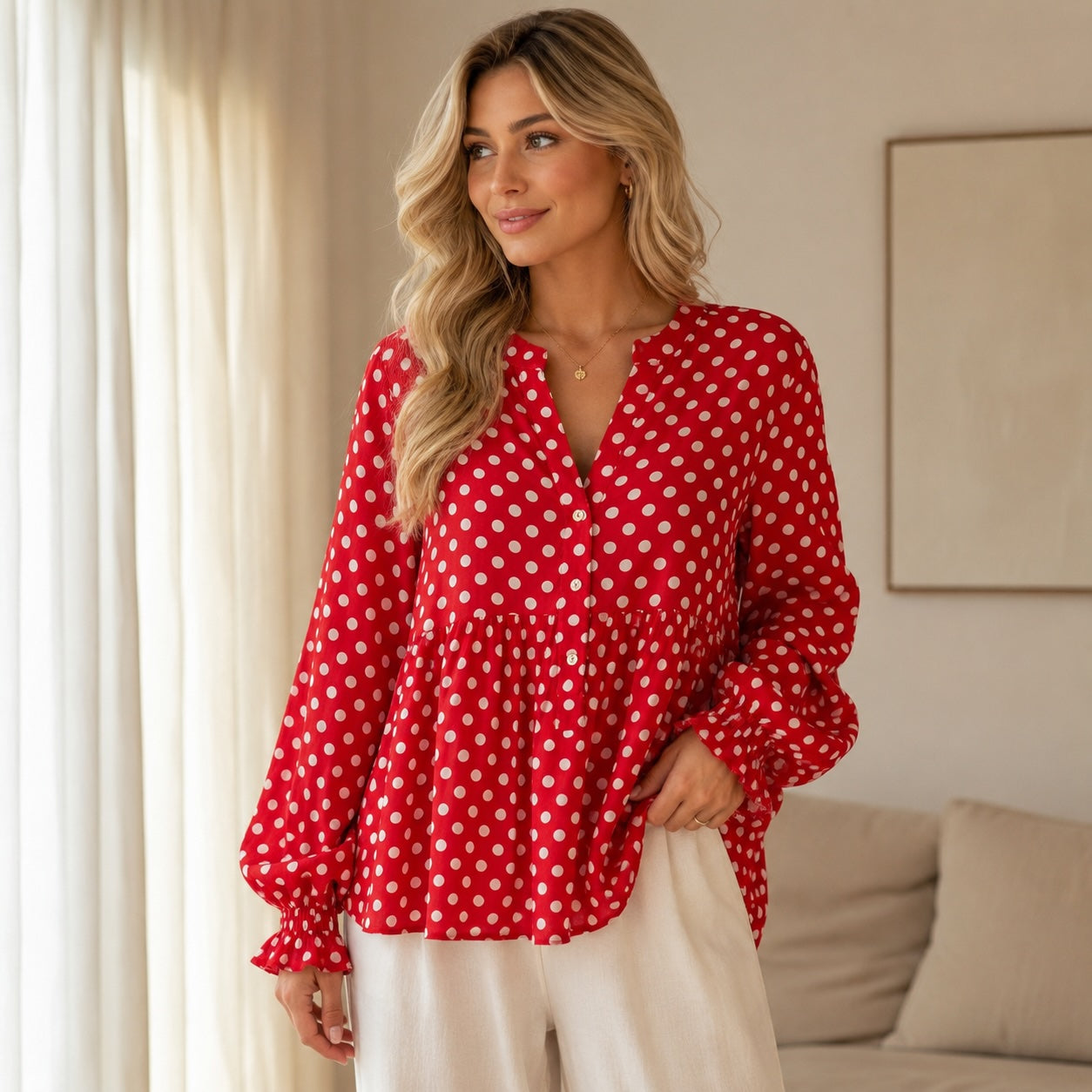 Baumwollbluse mit Polka Dots in Rot