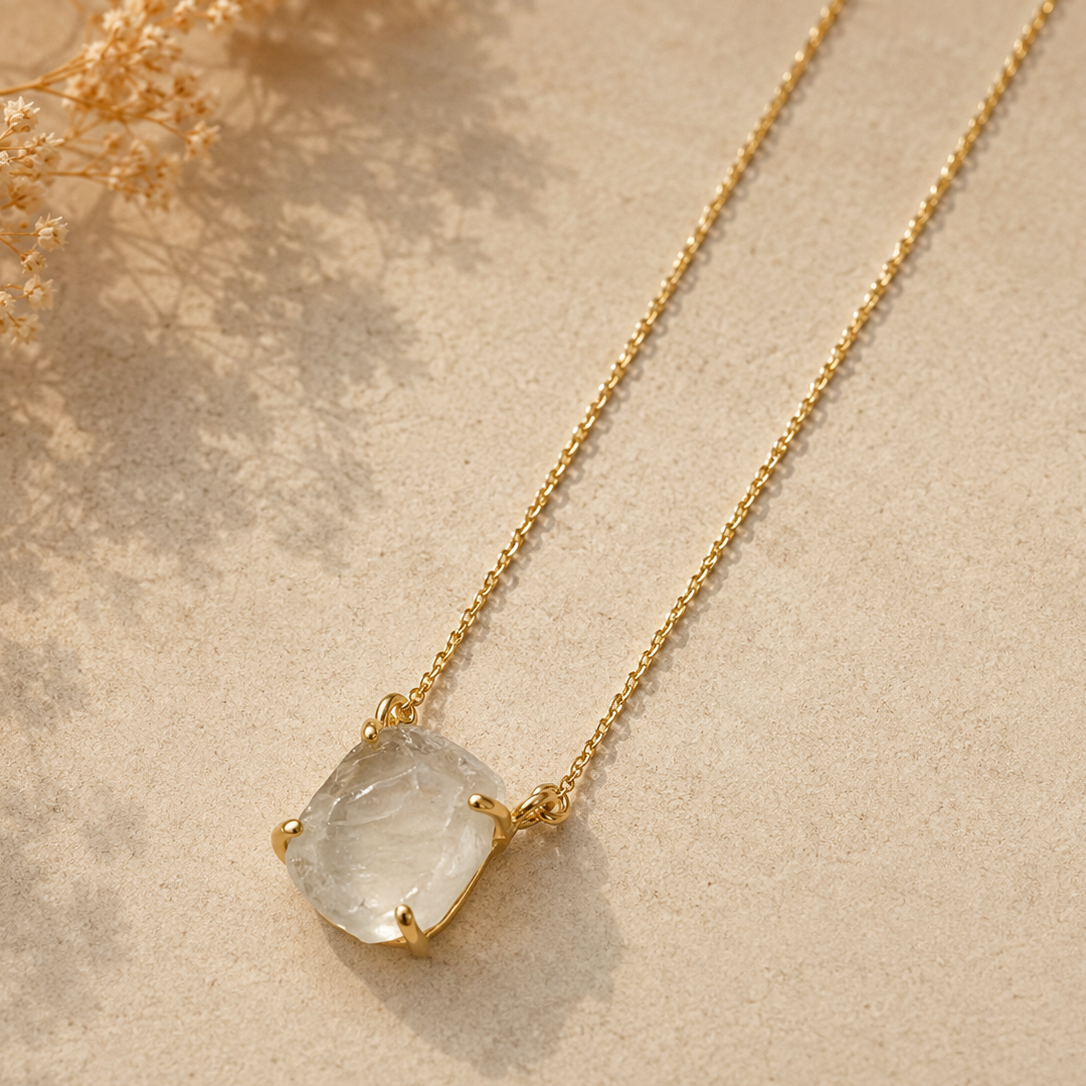 Vergoldete Bergkristall Rohstein Kette aus 925 Silber – Edelsteinkette