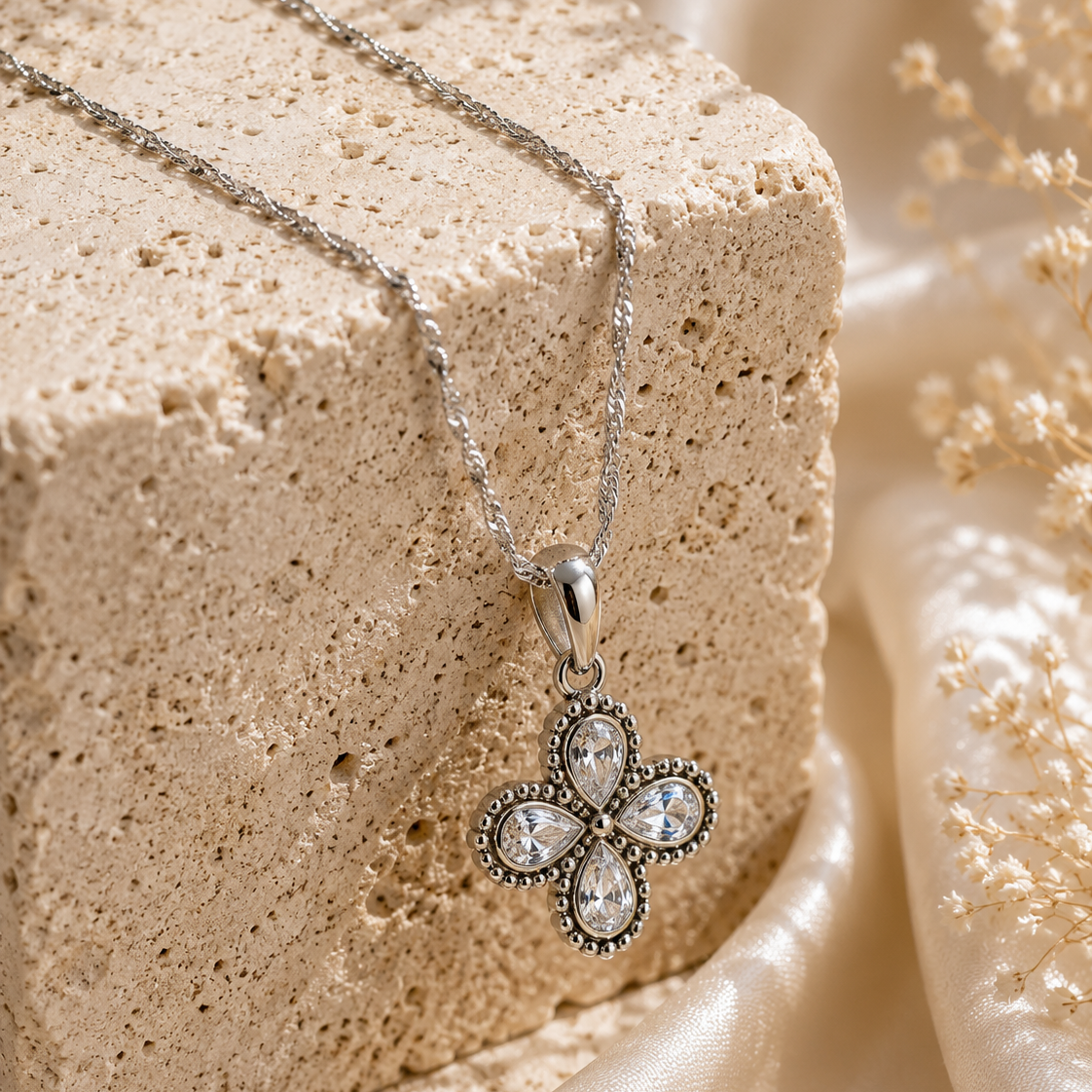 Blüten Halskette mit klaren CZ Zirkonia | Wellenkette 18K vergoldet | Mein Mantra