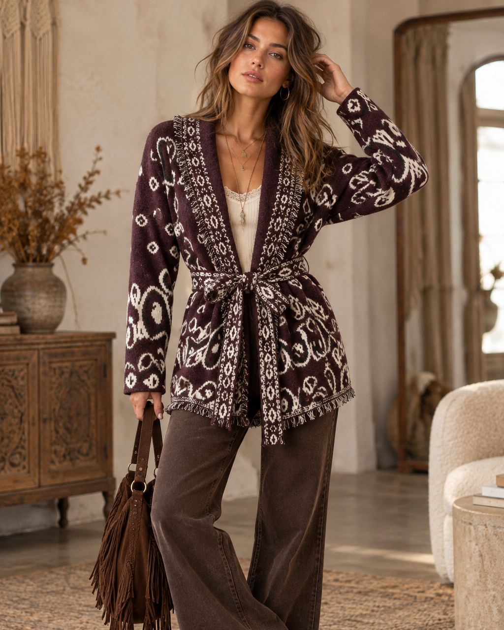 Brauner Boho Paisley Strickcardigan für Damen mit cremefarbenem Muster, Fransen und Bindegürtel