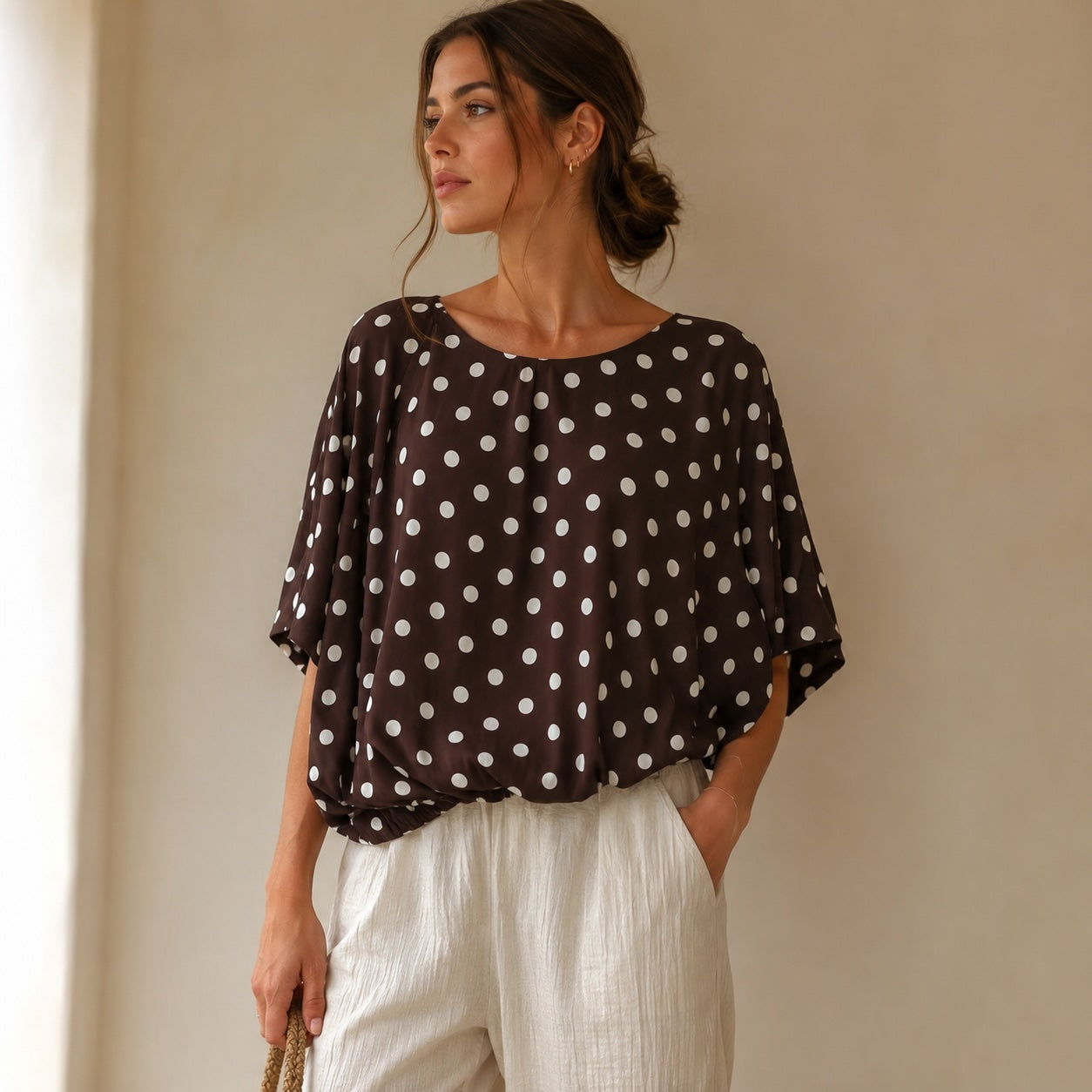 Bluse mit Polka Dots – Schokobraun