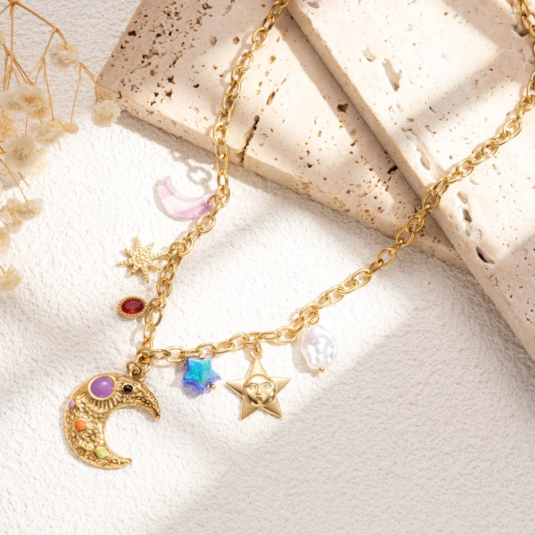 Halskette mit Mond, Sternen & Perle – Edelstahl Kette Gold