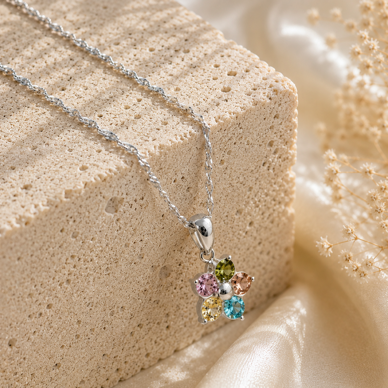 Bunte Blüten Halskette mit CZ Zirkonia | Wellenkette 18K vergoldet | Mein Mantra