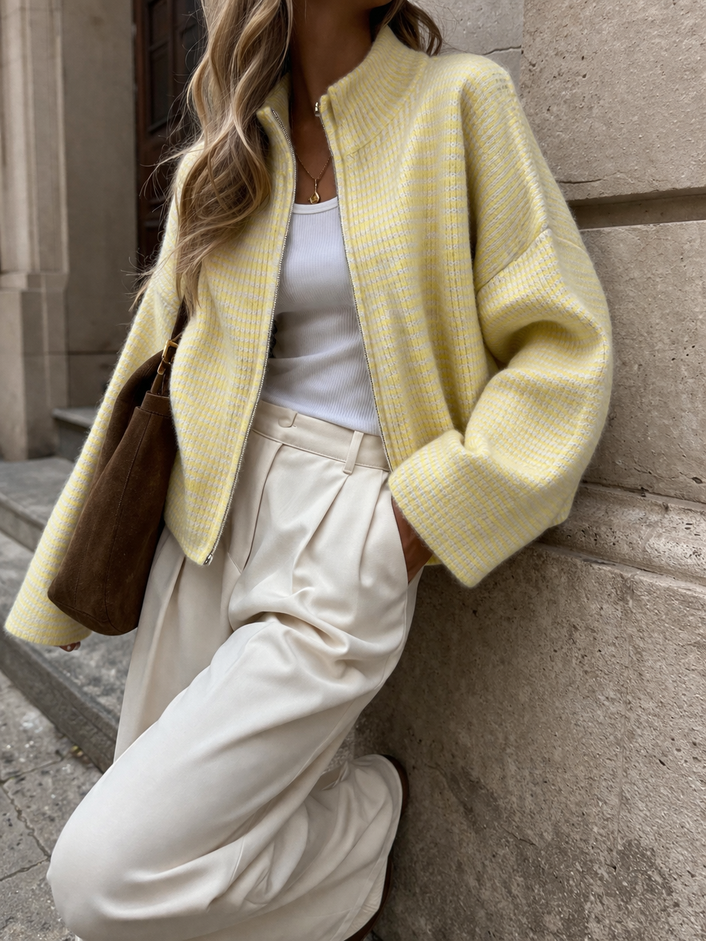 teryellow gestreifte Zipper Strickjacke Damen mit Reißverschluss und Stehkragen – weiche Strickjacke für Alltag und Freizeit