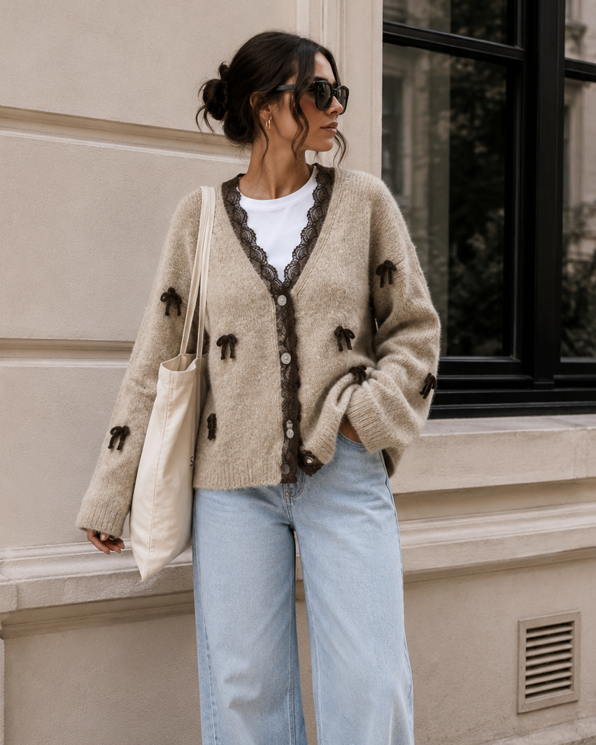 Romantic Lace Cardigan Beige – mit Spitzen- & Schleifen-Details