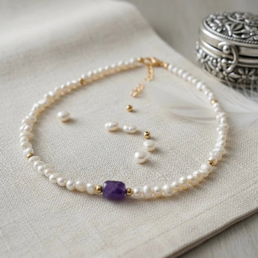 Süßwasserperlen & Amethyst Choker – 18 Karat vergoldet | Handgefertigt in Italien