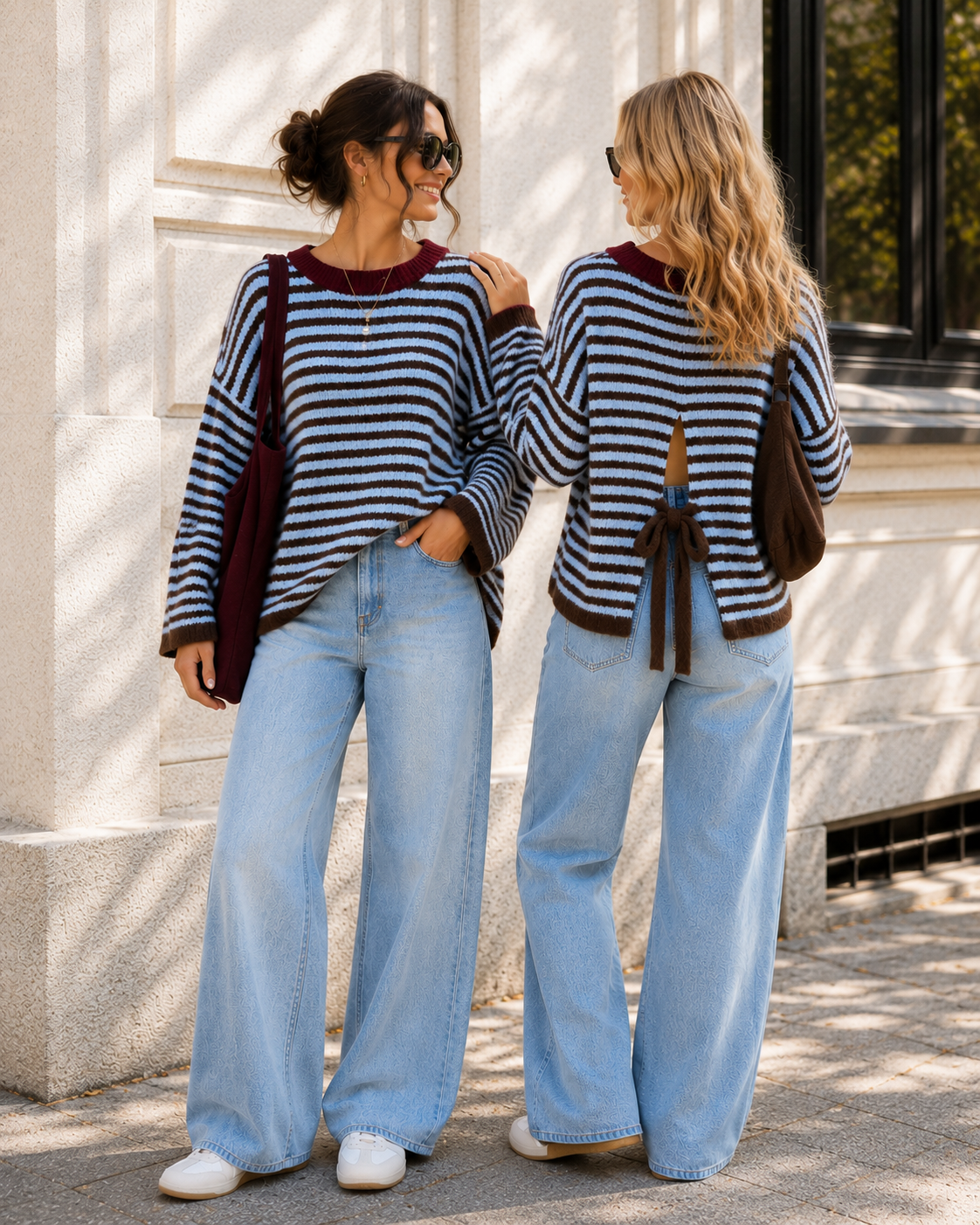 Cozy Stripes Sweater Blau/Schoko – mit Schleifen-Detail am Rücken
