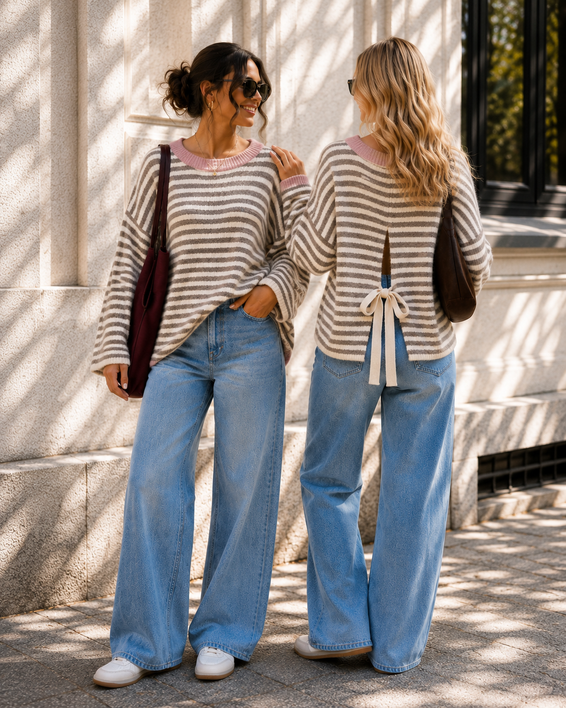 Cozy Stripes Sweater Rosa/Taupe – mit Schleifen-Detail am Rücken