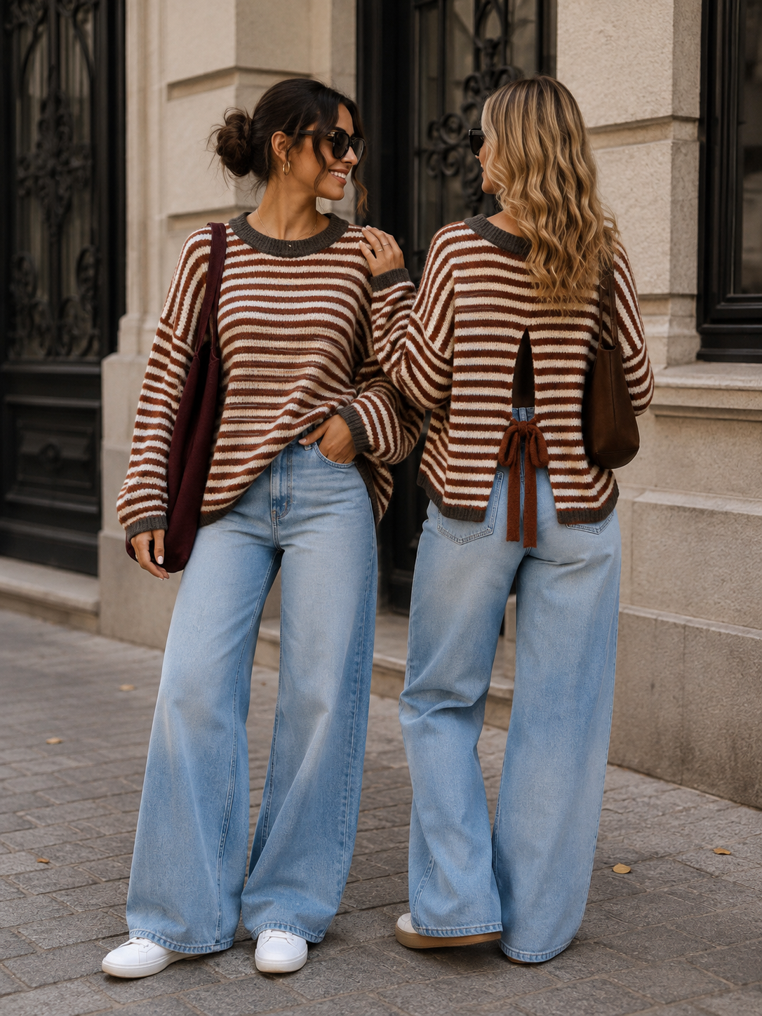 Cozy Stripes Sweater Chestnut – mit Schleifen-Detail am Rücken