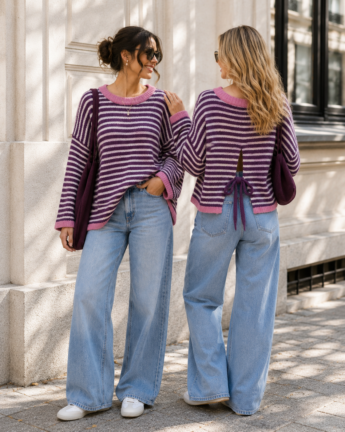 Cozy Stripes Sweater Fuchisa/Pink – mit Schleifen-Detail am Rücken