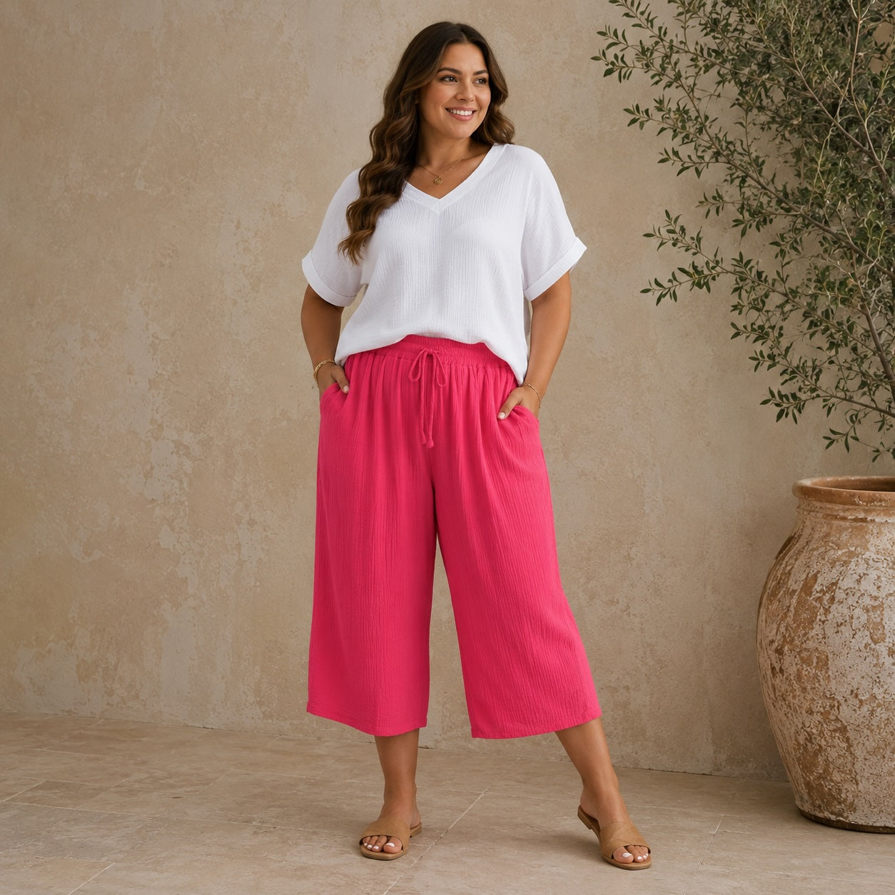 Curvy Musselin-Caprihose – Pink