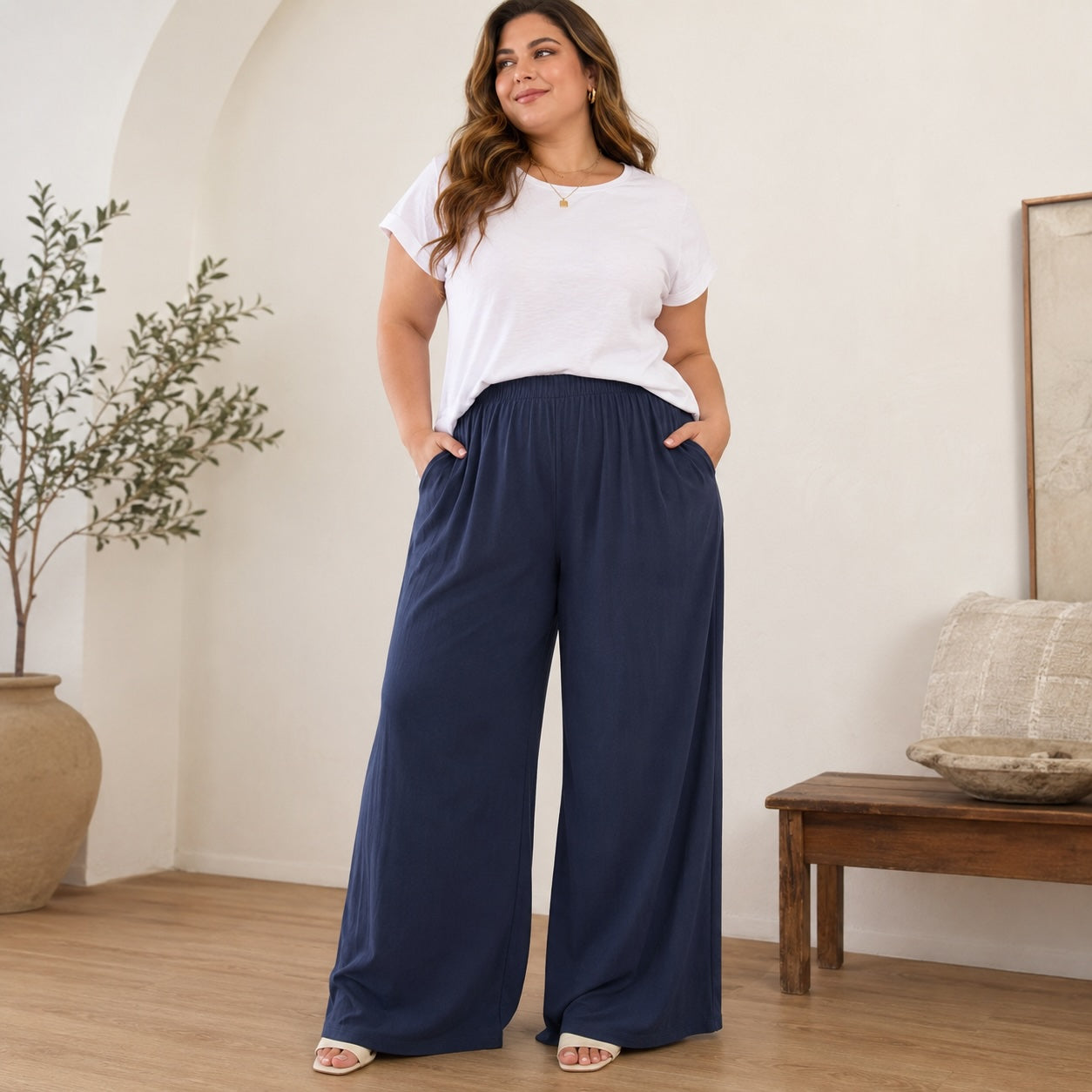 Curvy Palazzo Hose Marineblau – Viskose | Onesize (44–52)