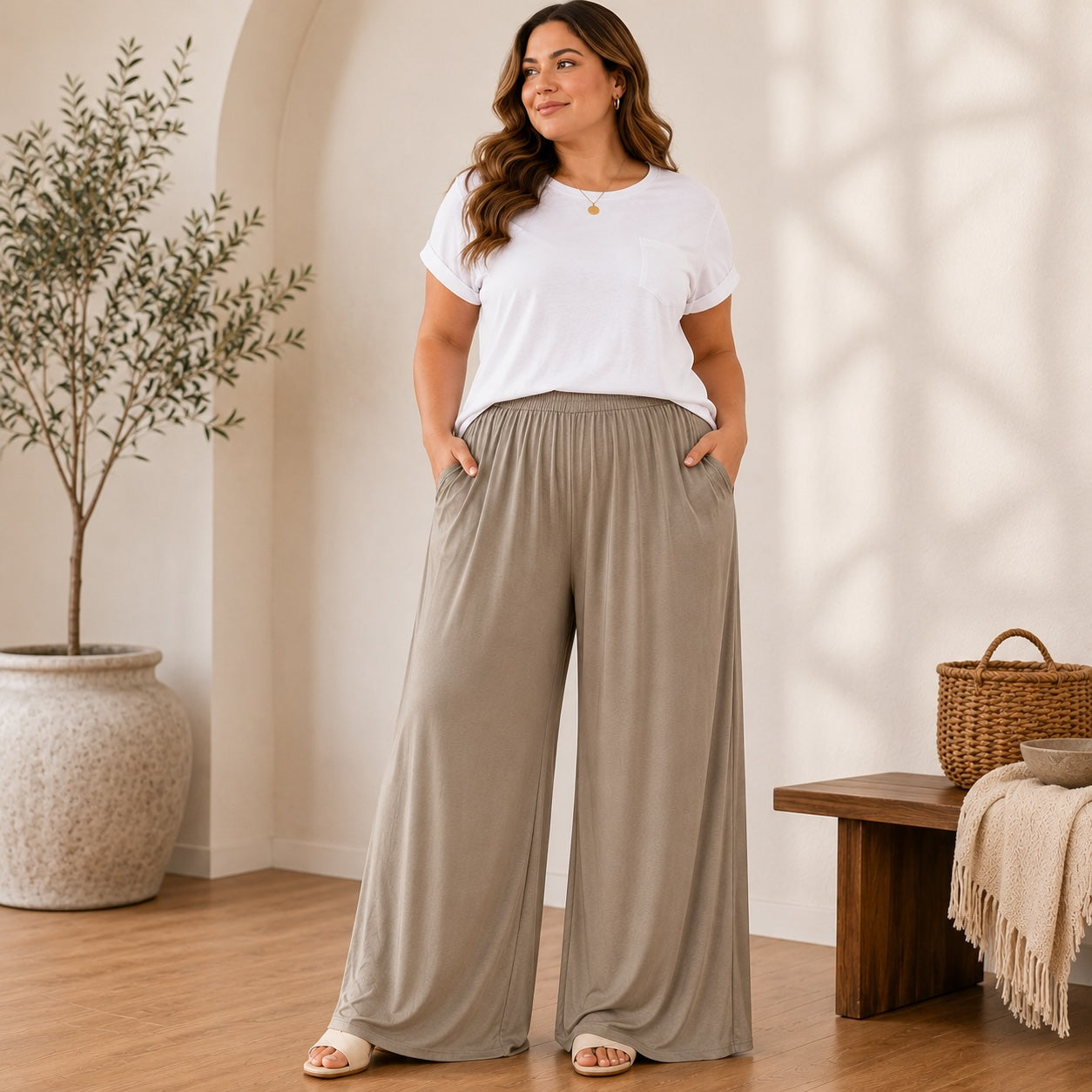 Curvy Palazzo Hose Taupe – Viskose | Onesize (44–52)