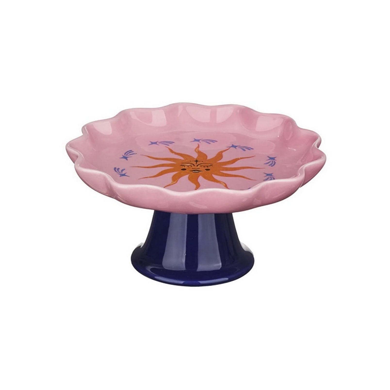 Sonne Dekoteller mit Sockel – Steingut in Blau & Rosa