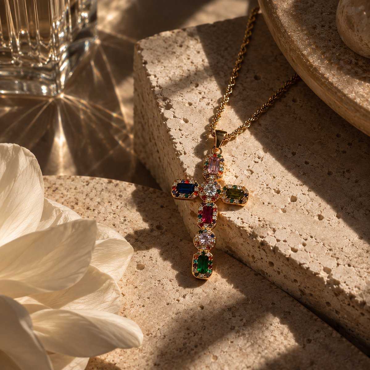 Divine Stardust Cross Kette Multicolor in Gold mit bunten Schmucksteinen