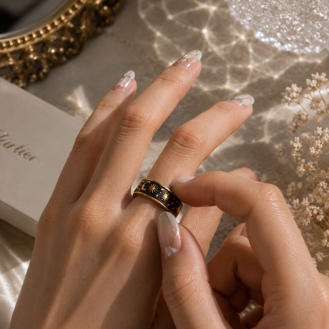 Celestial Anxiety Ring – Drehbarer Edelstahl Ring im Mond & Sterne Design