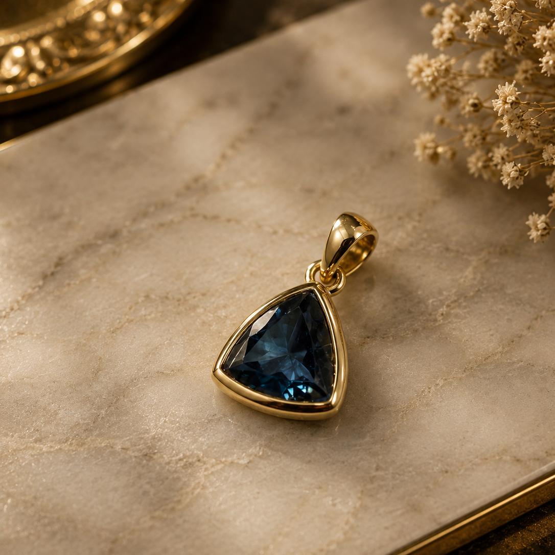 Dreieckiger London Blue Topas Anhänger aus vergoldetem 925 Sterling Silber