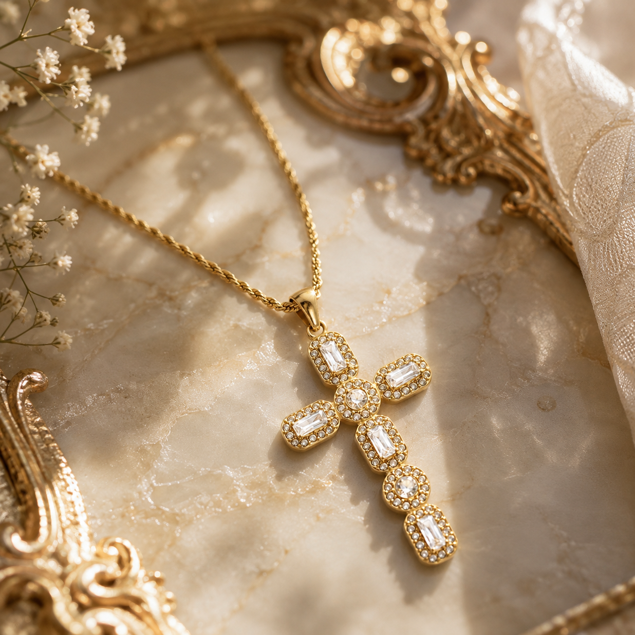 Divine Stardust Cross Kette – Goldene Edelstahl Kette mit funkelndem Kreuz