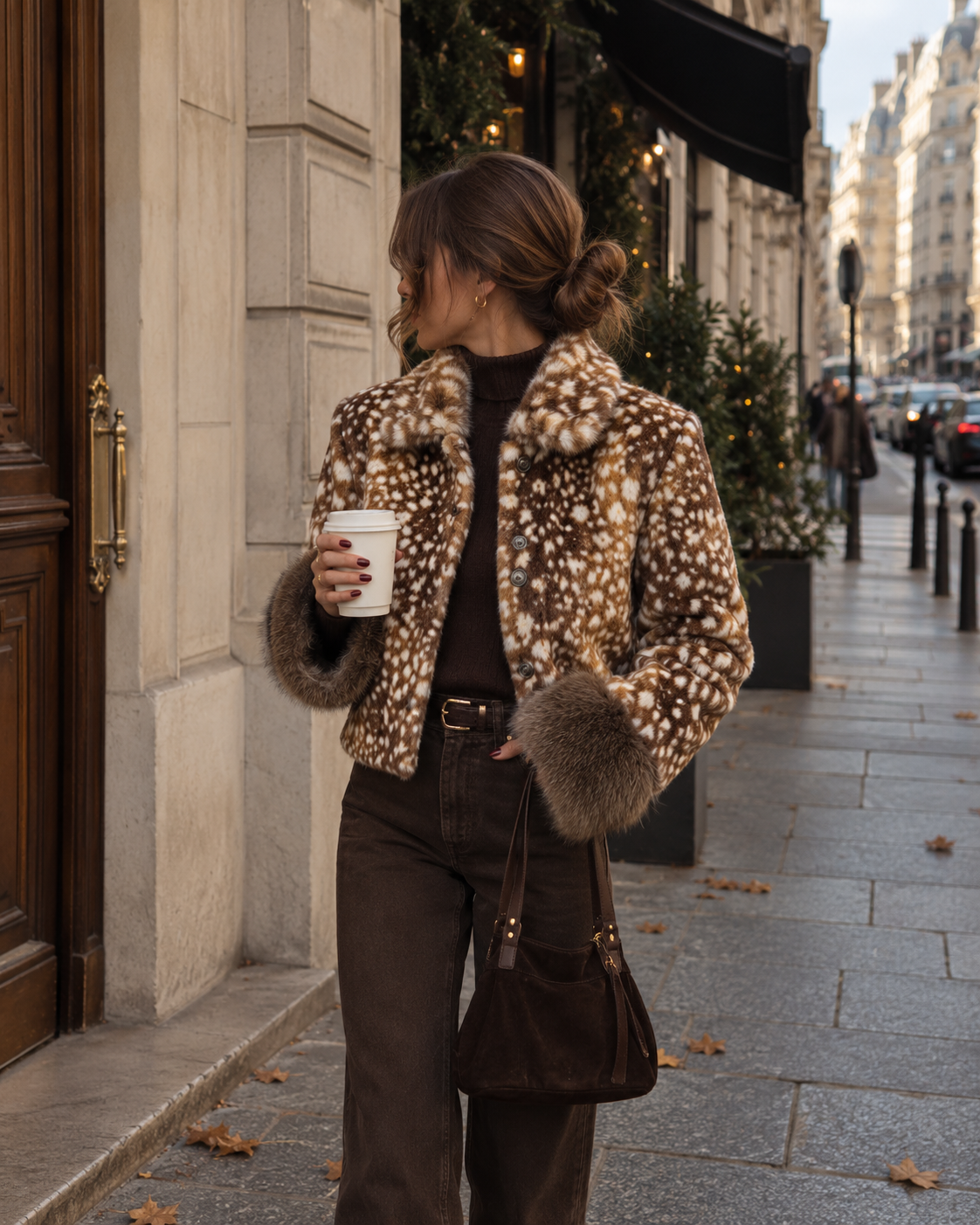 Fawn Print Kunstfelljacke Wild Darling in Braun, Karamell und Creme mit flauschigem Fellkragen, voluminösen Fellbündchen und Druckknopfverschluss – ANNURAH