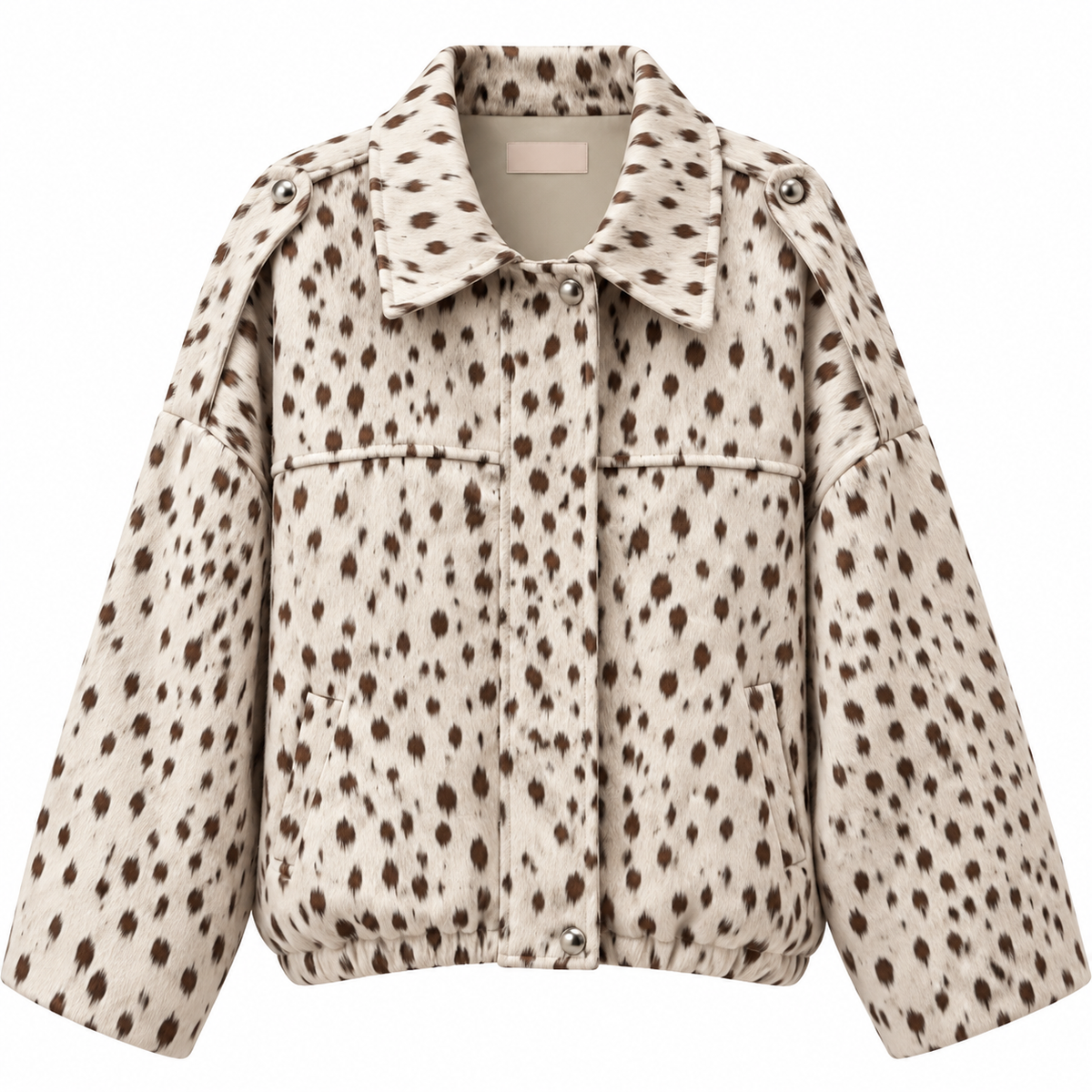 Fawn Print Oversize Bomberjacke in heller Farbvariante mit Rehkitz-Muster, weichem Stoff und elastischem Saumbund – ANNURAH