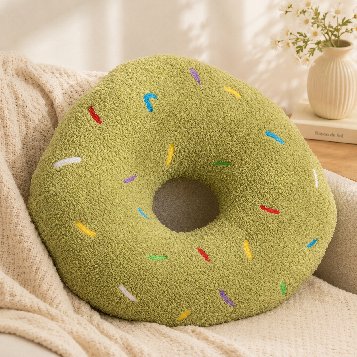 Donut-Kissen in Pistaziengrün – Kuscheliges Dekokissen mit Streusel-Design