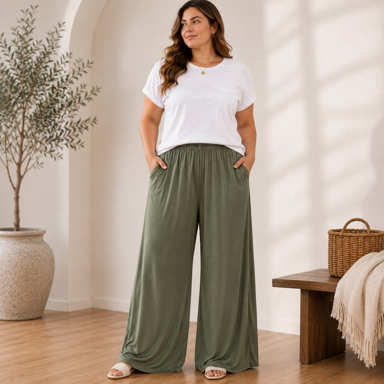 Curvy Palazzo Hose Khaki – Viskose | Onesize (44–52)