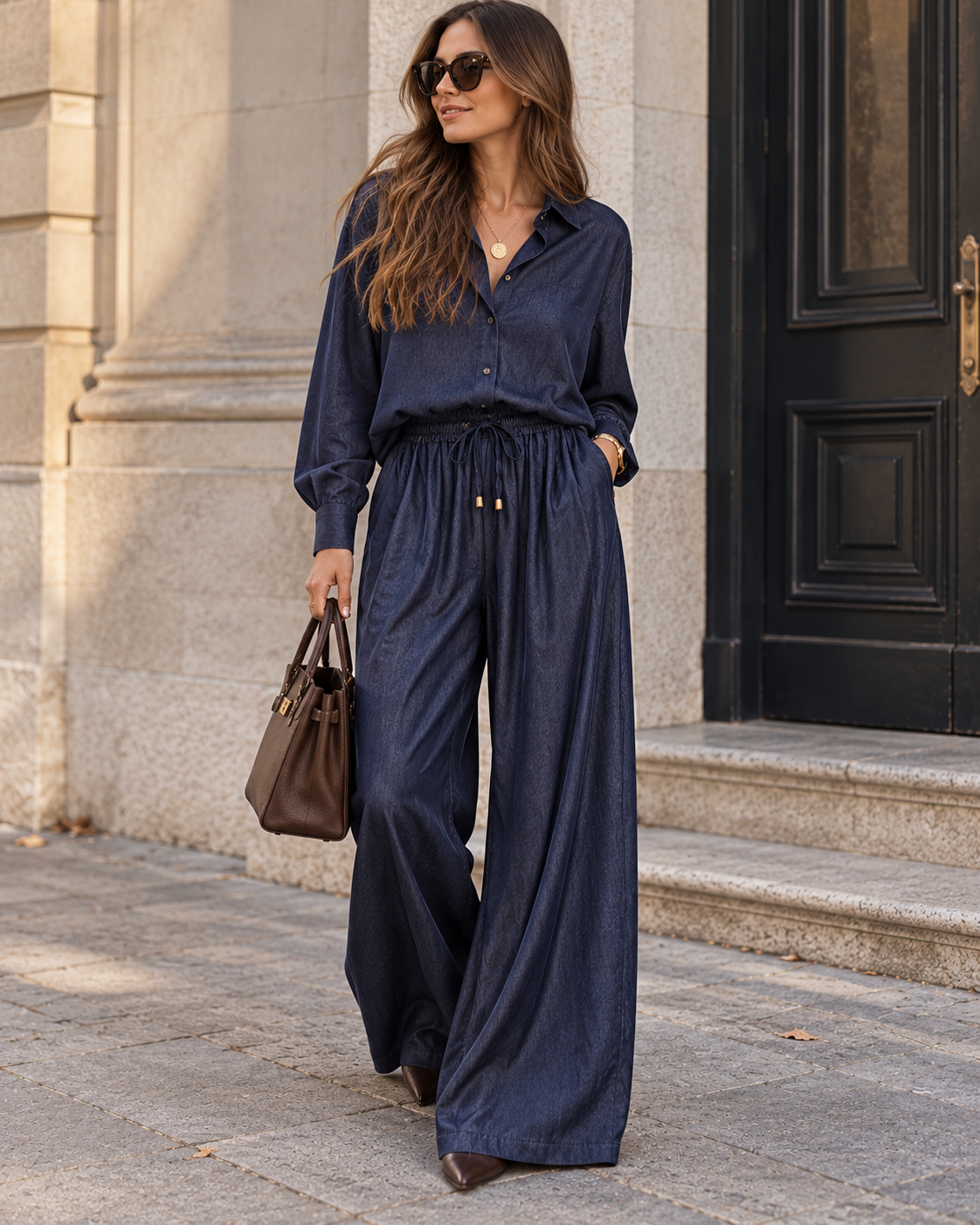 Dunkelblaue Wide Leg Hose im Denim-Look mit elastischem Paperbag-Bund, Bindeband und weiten Hosenbeinen.