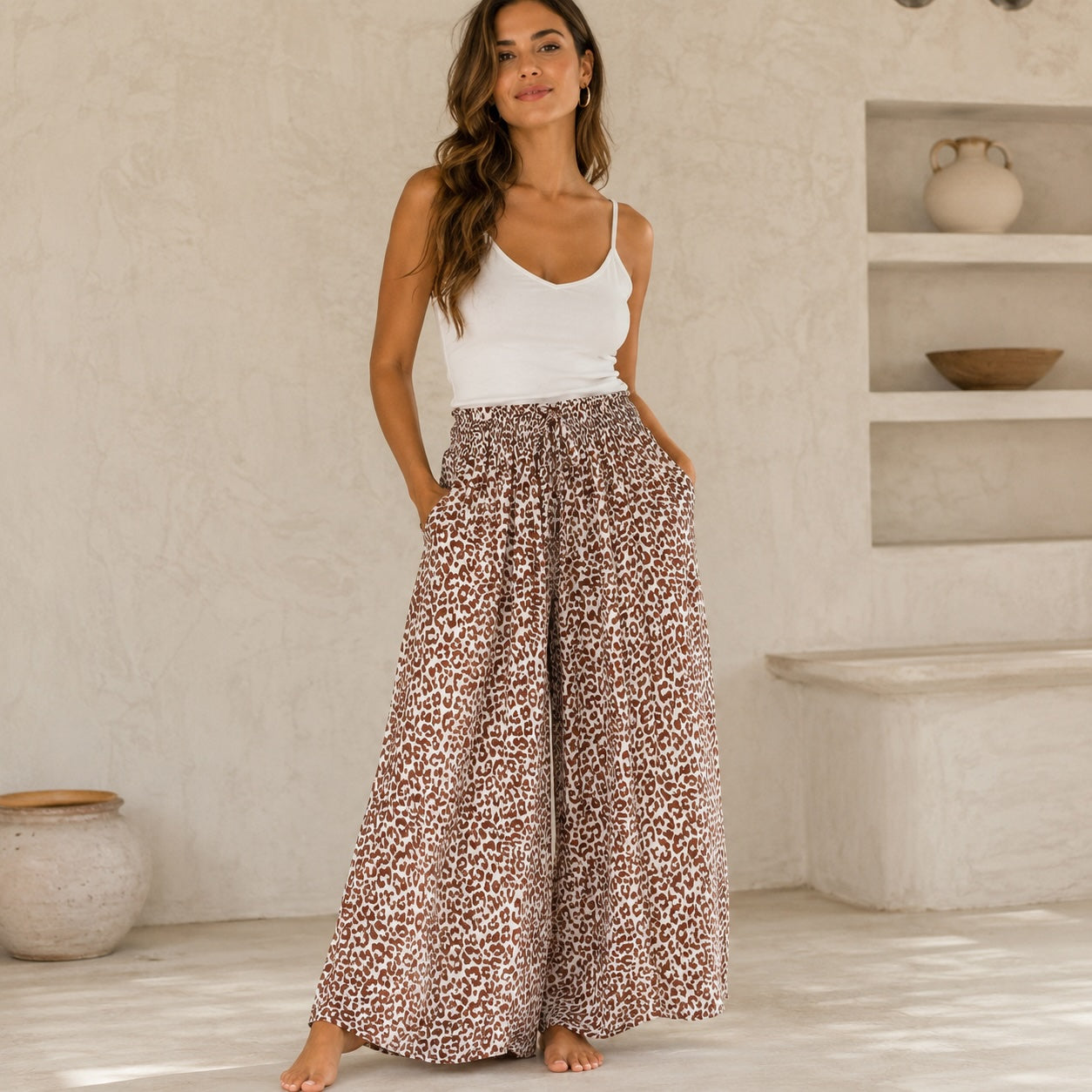 Fließende Satin Hose Leo-Print | Schoko