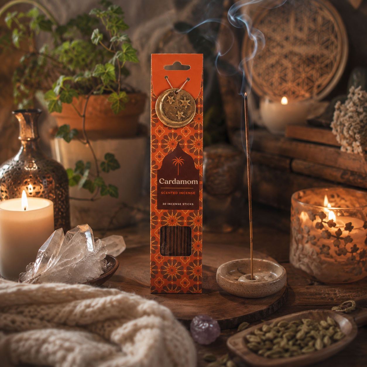 Räucherstäbchen Set Kardamom mit Mond- & Sternhalter in Messingoptik