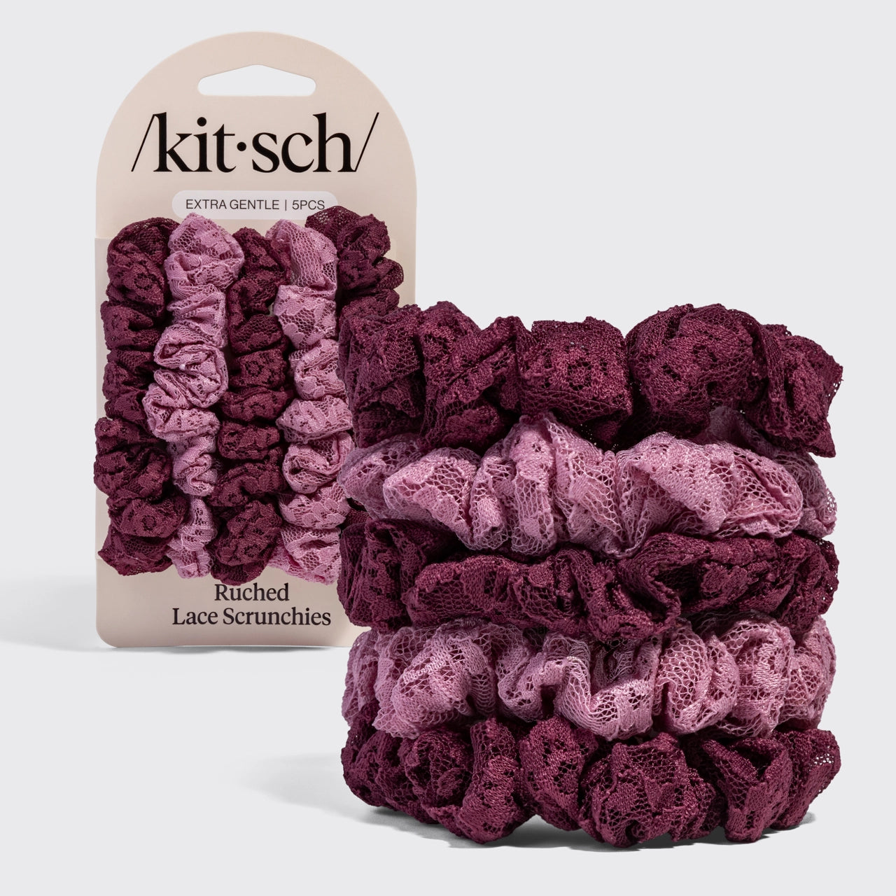 Kitsch Geraffte Spitzen-Scrunchies 5er-Set – Kirsche & Bordeaux